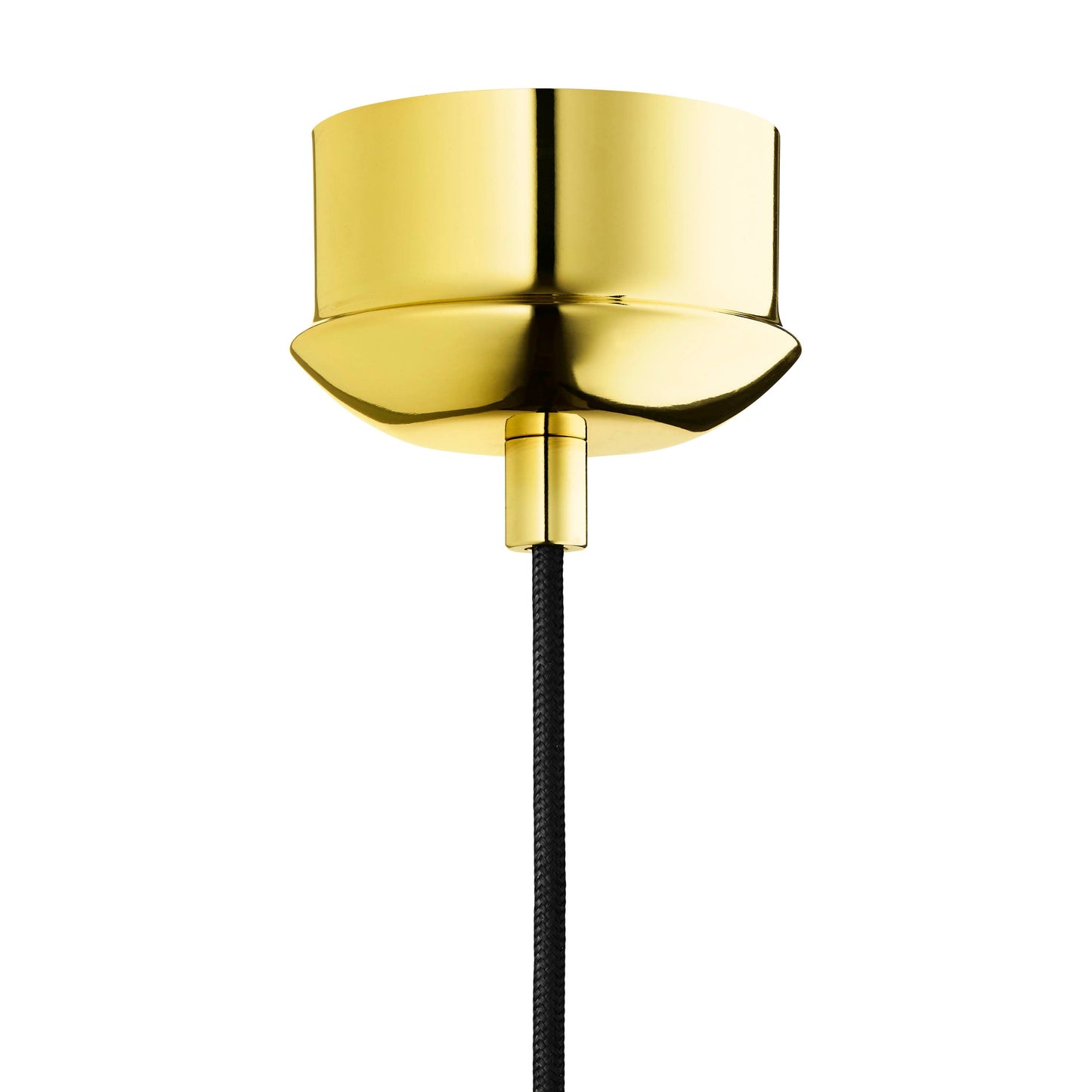 Rund lampe i hvidt glas og med et afskåret stykke med guldkant og kig til pæren. Fatning og rosetten er guldfarvet og ledningen er af sort stof.