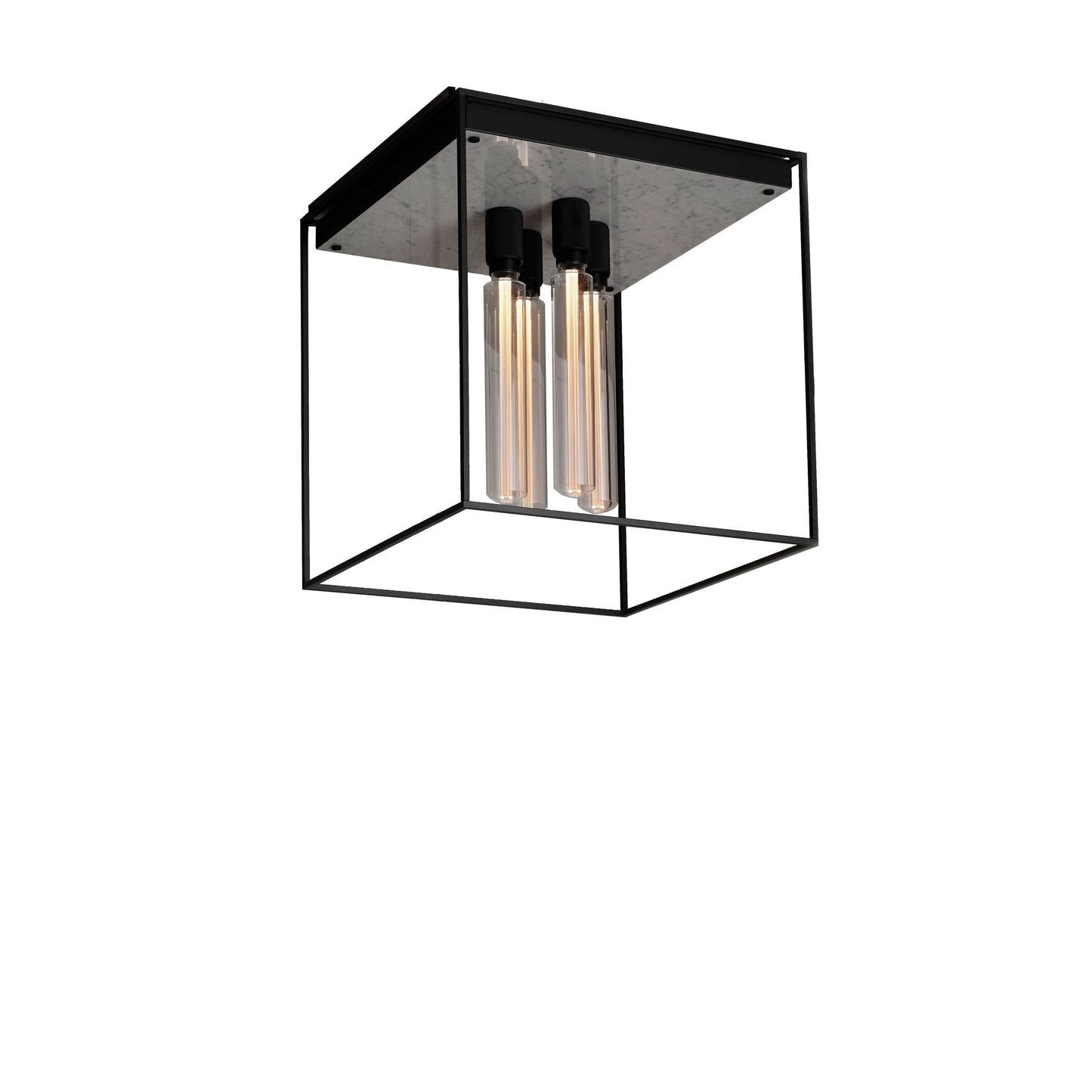 Caged loftlampe fra Buster and Punch i sort med hvid marmor bagplade.