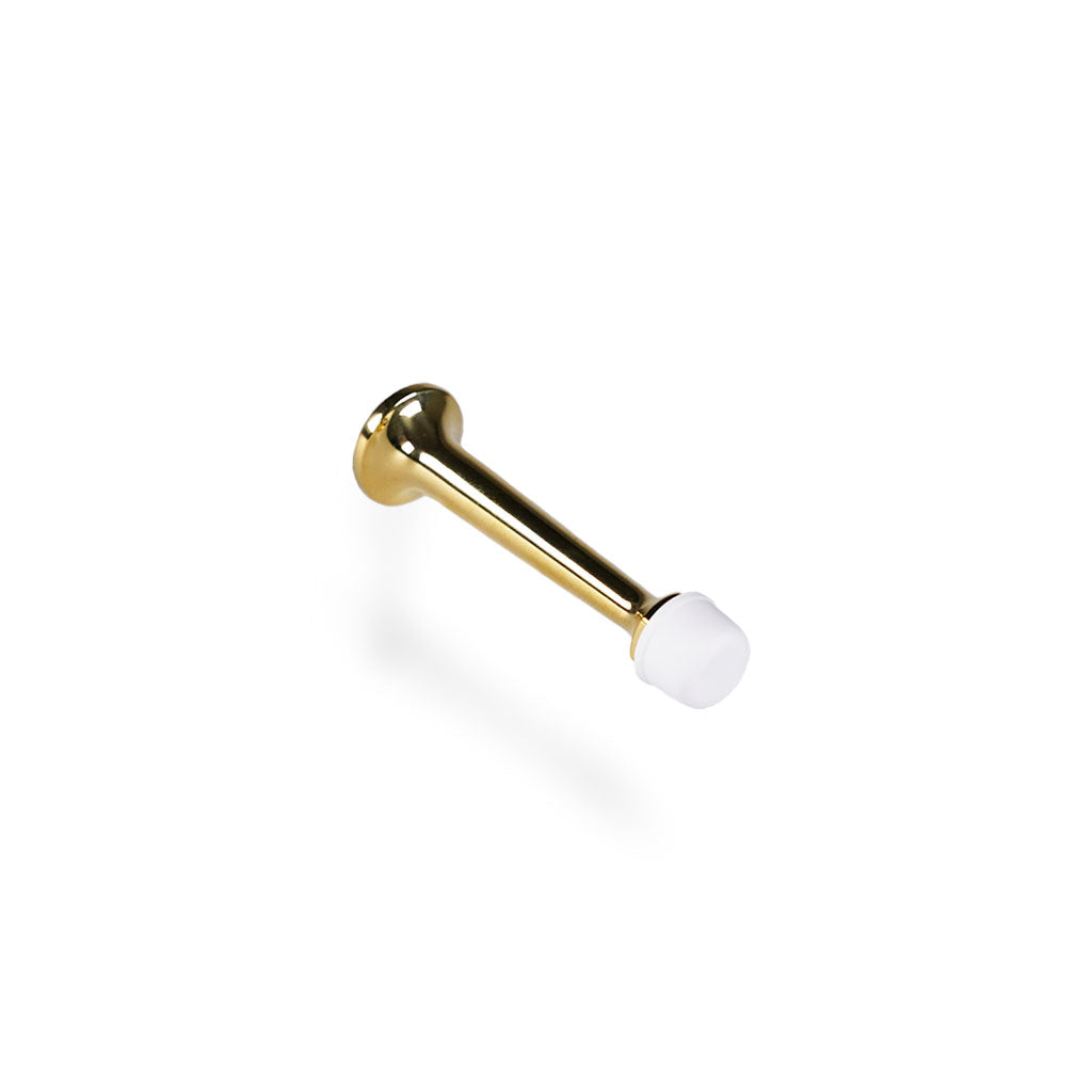 Dørstopper i massiv blank messing uden lak og hætte i hvid plast. 78 mm