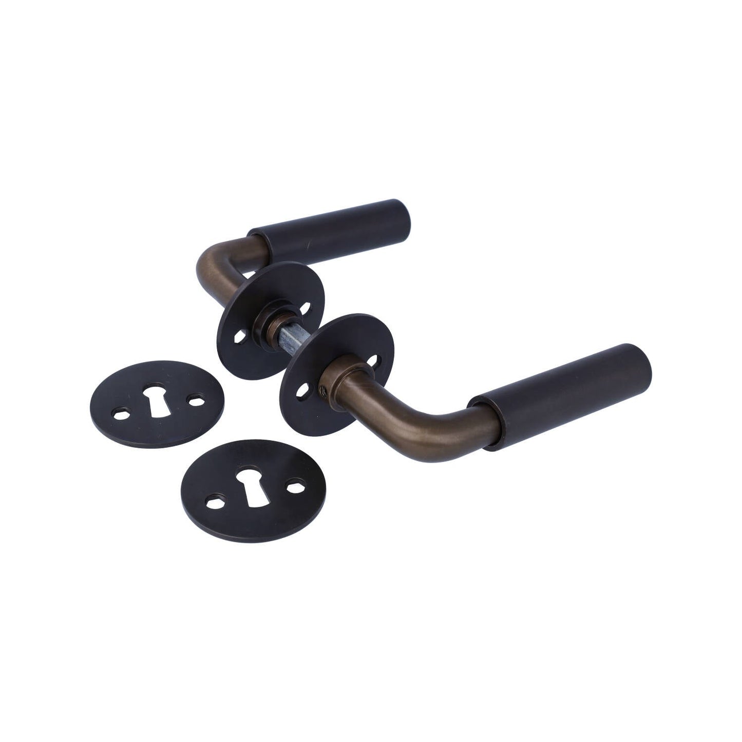 Enkelt funkis dørhåndtag i bruneret messing med to nøgleskilte.