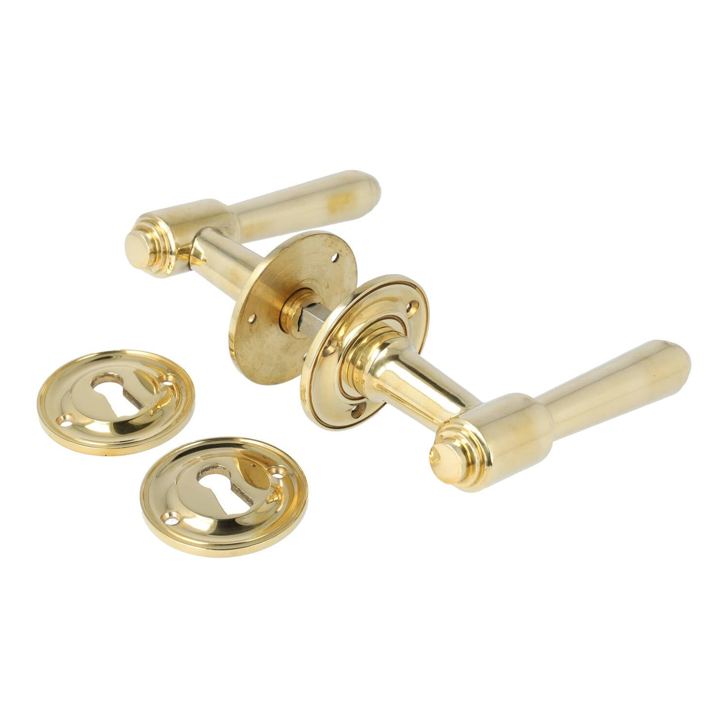 Hornbæk dørhåndtag i blank messing inkl. roset og nøgleskilt (lille model)