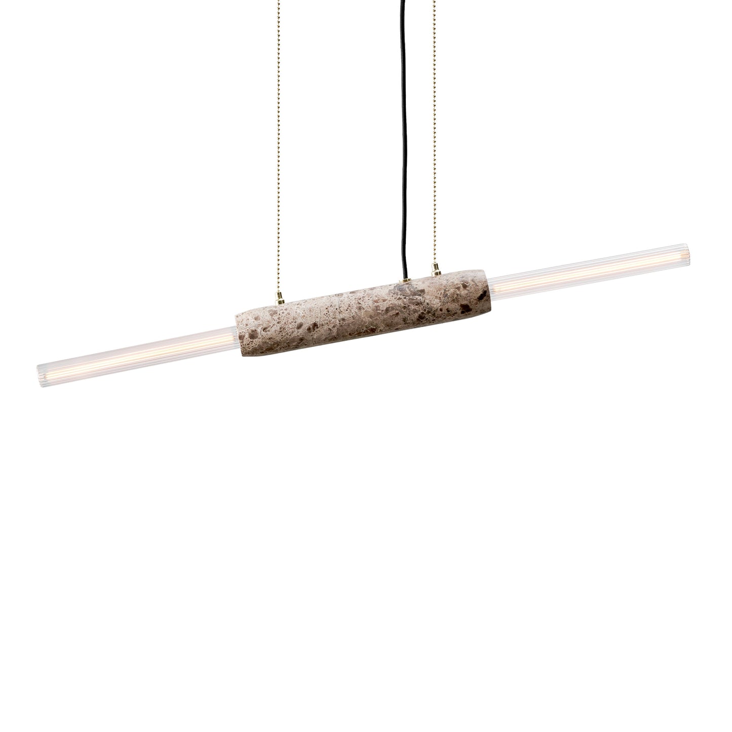 Rund aflang lampe med brun marmor som midterstykke og en aflang pære i hver ende.