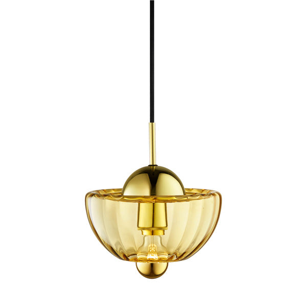 Lotus pendel i farven amber på hvid baggrund.