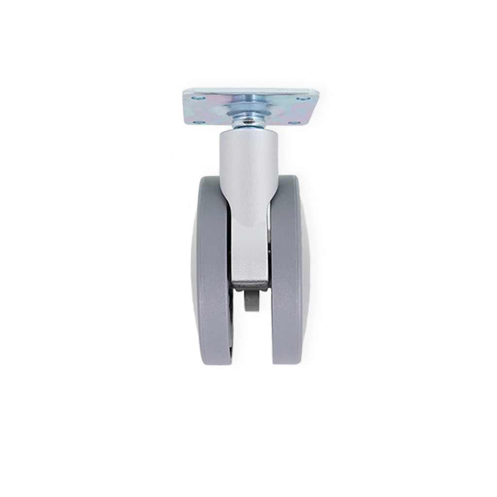 Møbelhjul i hård grå plast med bremse og en monteringsplade i el-forzinket stål. Bæreevnen er på 50 kg. pr. hjul og kan bl.a. anvendes under møbler i stuen eller elementer i et bryggers