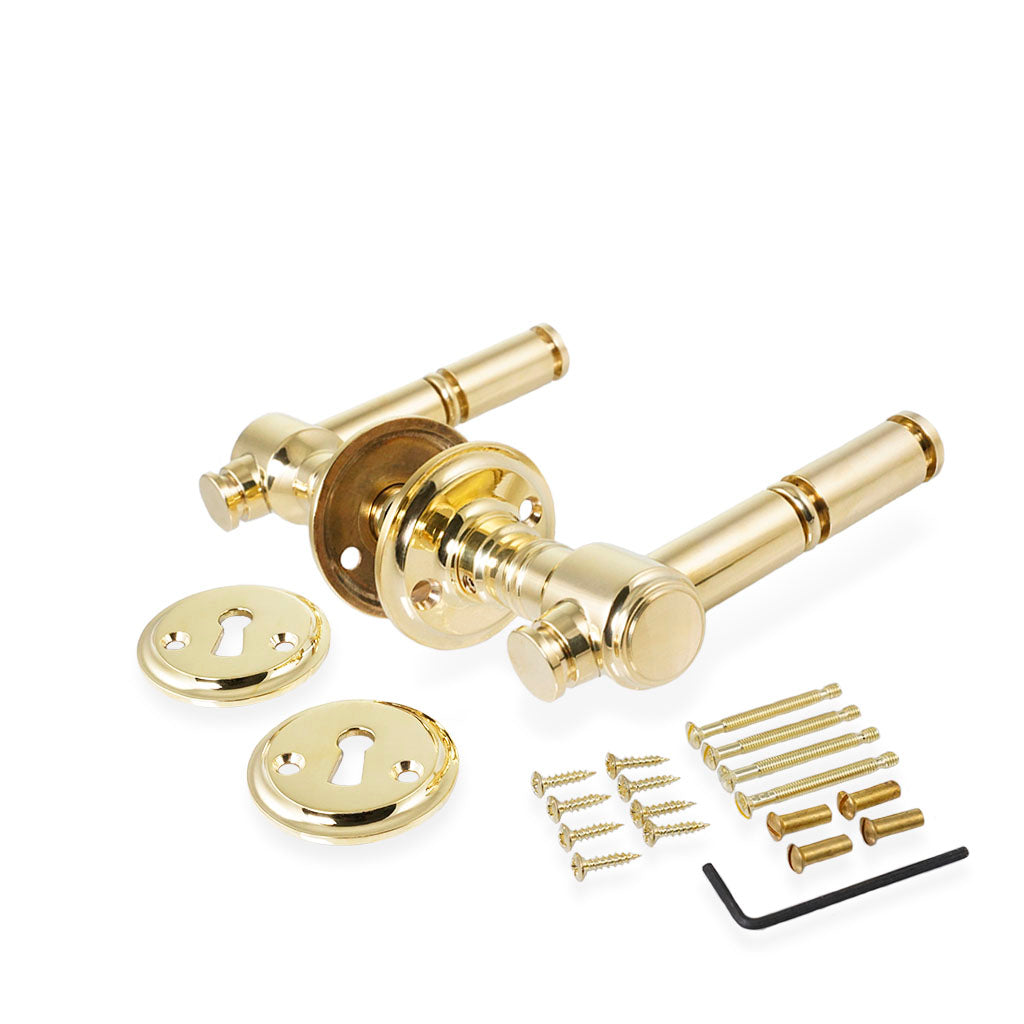 Dørgreb: Skovshoved dørhåndtag i blank messing inkl. roset og nøgleskilt