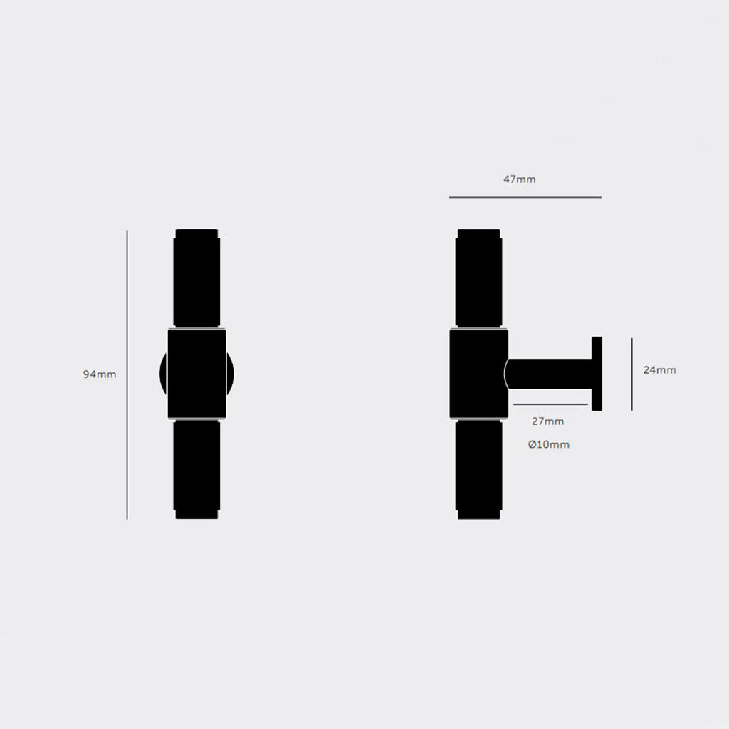 Eksklusiv T-bar køkkenknop fra Buster + Punch i massiv rustfri stål med diamond cut (cross) mønster - produkttegning.