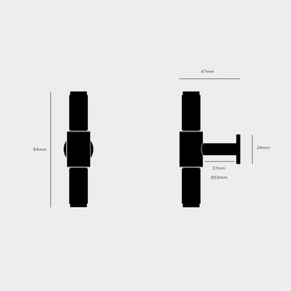 Eksklusiv T-bar køkkenknop fra Buster + Punch i massiv rustfri stål med diamond cut (cross) mønster - produkttegning.