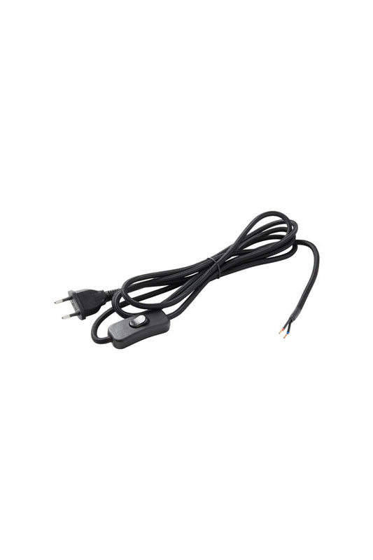 Sort kabelsæt med hanstik, afbryder og stofkabel, på hvid baggrund.