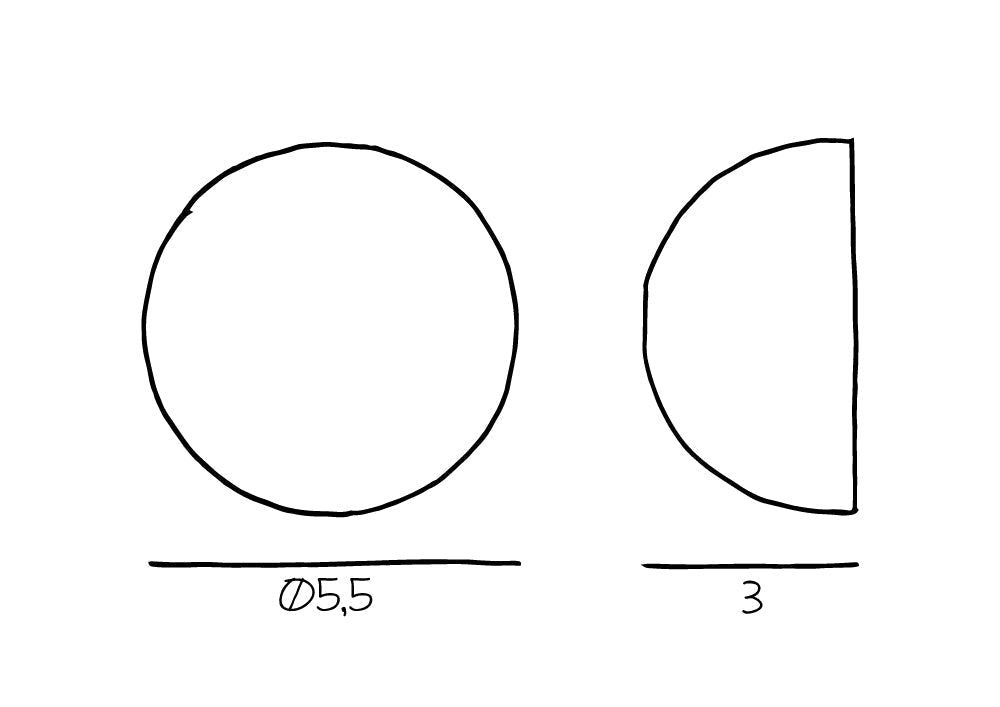 Produkt tegning af møbelknoppen, som måler 5,5 cm i diameter og 3 cm i dybden. 