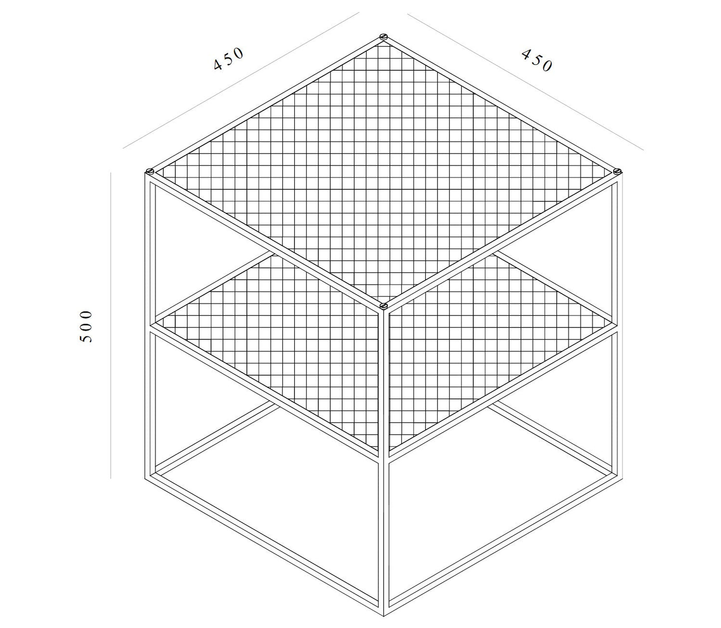 Firkantet sidebord med bordplade og hylde i hullet design. Bordet har også små detaljer i stål eller messing.