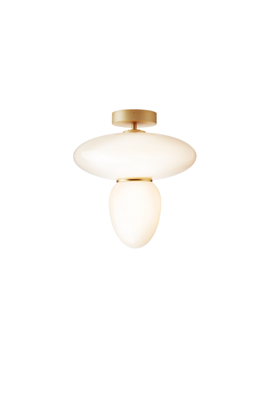 Loftlampe bestående af to skærme i opalglas samt gyldent ophæng, på hvid baggrund