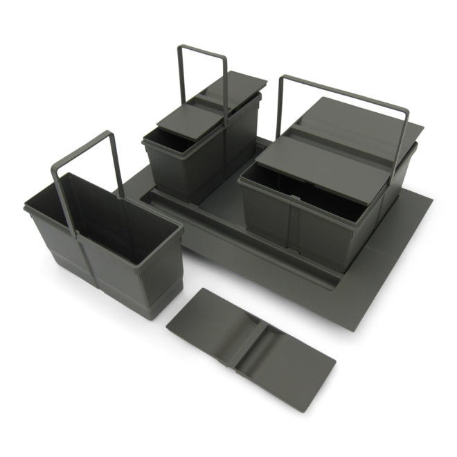 Bornholm 3-38 • Affaldssystem til skuffe i mørkegrå plastik på 2 x 9 liter + 1 x 20 liter